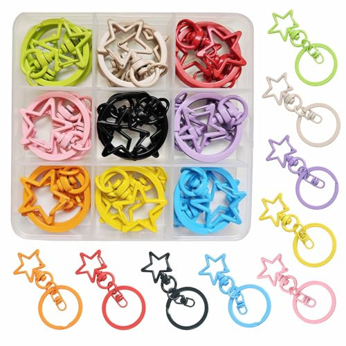 Fubuuf 18 Piezas Llavero Mosquetón Estrella Giratorio 360°, Anillas para Llaveros de 9 Colores con Caja Organizadora, Gancho de Resorte en Aleación de Zinc para Manualidades, Bolsos, Mochilas y DIY