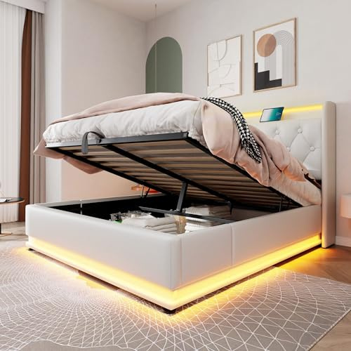 Acpouw Upholstered Ottoman 4ft6 Double Bed with 360 Surround Led Function,Hydraulic Storage Bed Frame with Large Storage Space, Bed Frame with Charging Function,(No Mattress)