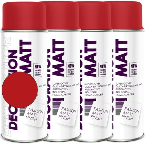 Deco Color 4er Sparpack Lackspray Matt nach RAL in 400ml zur Lackierung von Auto Stahl Aluminium Beton Holz (4 Dosen in feuerrot MATT RAL 3000)