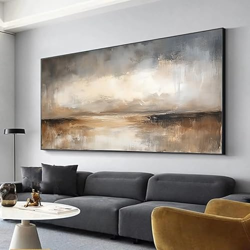UUDEZO Modernes abstraktes Leinwandbild mit Rahmen – Schwarz-goldenes, strukturiertes Gemälde in neutralen Tönen für die Wohnzimmergestaltung (70 x 140 cm (28 x 55 Zoll), schwarzer Rahmen)