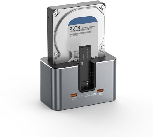 Dual Bay Docking Station for SATA & NVMe SSD, 10Gbps USB-C Hard Drive Dock with Aluminum Body & USB Hub, Supports 2.5”/3.5” HDD SSD & M.2 NVMe