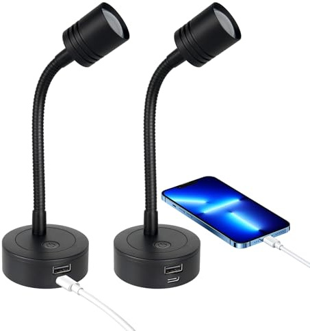 Obeaming 2 x Lampe de Lecture 12V LED Spot 3200K (Dimmable) et Veilleuse Rouge Douce, Équipé de Ports USB-A et USB-C, Flexible Col de Cygne Applique pour Camping-Car Bateau Caravane Voiture (Noir)