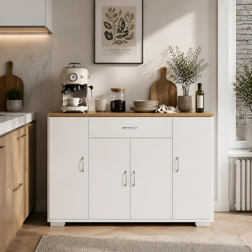 GOKHOMX Meuble Cuisine Buffet Rangement 30cm Profondeur, Meuble Bas de Cuisine avec Plan de Travail et Rangement Scandinave, Buffet Bois Blanc 4 Portes Tiroir pour Salon Entrée 110x30x70cm