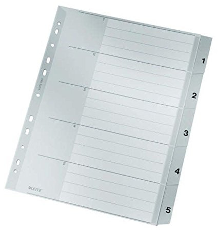 Leitz Register für A4, Deckblatt aus Karton und 5 Trennblätter aus Kunststoff, Taben mit Zahlenaufdruck 1-5, Überbreite, Grau, 12830000