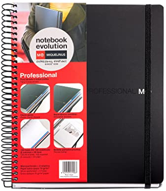 Miquelrius - Cuaderno A5 Cuadriculado y Liso, 120 Hojas, Negro | Tapa de Polipropileno, Papel Opaco de 70 g/m², Cierre de Goma, Bolsillo de Cartón, 3 Separadores Movibles, 1 con Regla