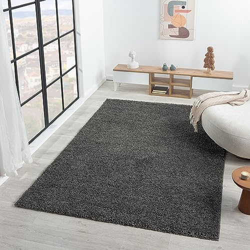 VIMODA Prime Shaggy Hochflor Langflor Teppich Einfarbig Modern Anthrazit Dunkelgrau, Maße:Ø 120 cm Rund