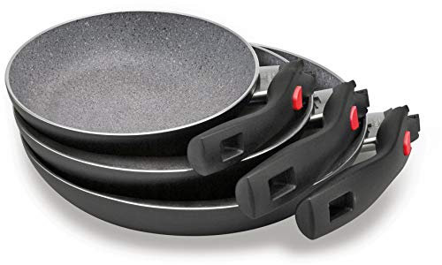 BALLARINI Click & Cook 3-teiliges Bratpfannenset, klappbare Griffe, Granitium Antihaftbeschichtung, 20, 24 & 28 cm, Aluminium, schwarz-grau