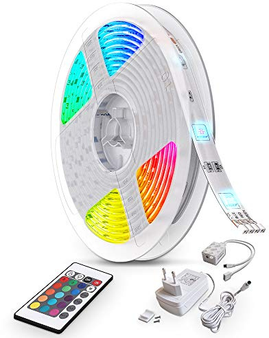 B.K.Licht ruban LED 10m, guirlande lumineuse auto-adhésive, dimmable, 300 LEDs, changements de couleurs, livré avec télécommande et transformateur 230V, IP20