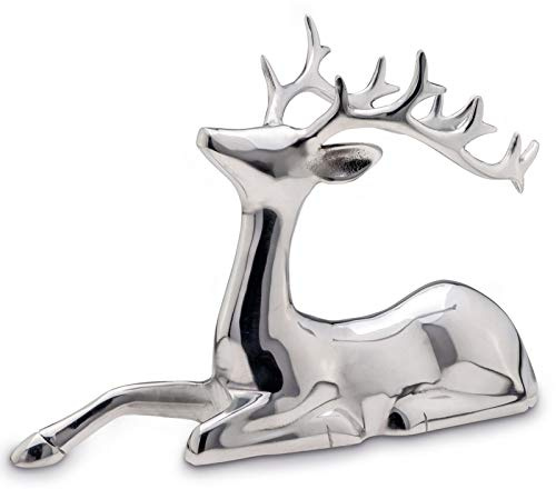 H.Bauer jun. Große sitzende Aluminium Deko Rentier Figur - silbern glänzende Hirsch Geweih Weihnachts-Deko zum Hinstellen Höhe 25 cm