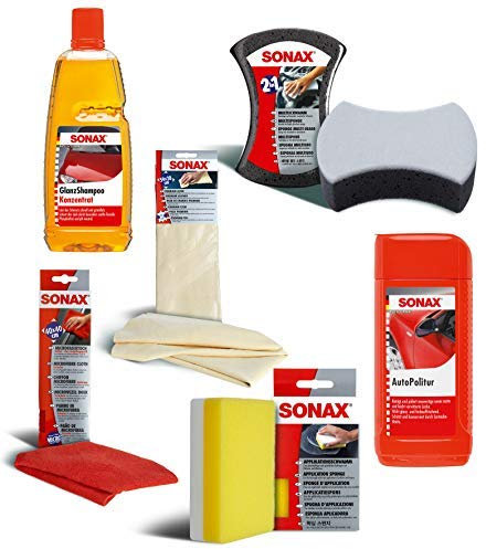 Sonax Autopolitur Komplett-Set, Politur, GlanzShampoo, Ledertuch, Schwämme und Tücher