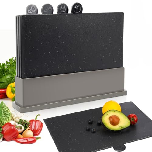 MASTERTOP Index Chopping Board Set, 4pcs Plastic Chopping Boards with Storage Stand, Non Slip Color Coded Cutting Boards for Kitchen Meat Fish Vegetables and Bread, Dishwasher Safe