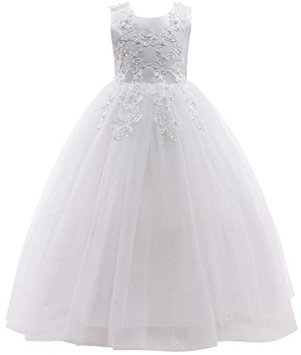 Weileenice Flower Big Girl Lace Dress White Girls Wedding Bridesmaid Birthday Party Princess Angel Ballgown 7-8 Kids 1st Communion Baptism Photo Shoot Formal Tulle Dresses Long Holiday Prom