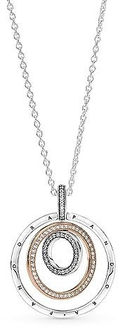 Pandora Signature interlocking circles sterling silver and 14k rose gold-plated pendant with clear cubic zirconia and necklace