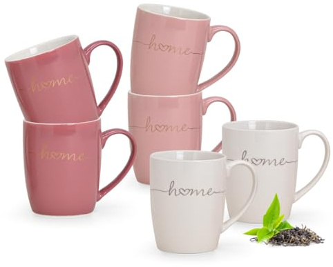 Schöne Tassen 6er Set mit Herzen gold Spruch HOME in weiß, rosa & pink - Moderne Porzellan Kaffeebecher für Cappuccino, Kaffee, Tee für 300ml - Romantische Teetassen im 300ml als Kaffeetasse