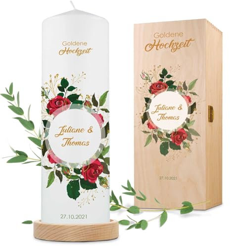 GRAVURZEILE Bedruckte Kerze - Goldene Hochzeit Design - Personalisiert mit Namen, Datum & Wunschtext - Geschenk für Paare zu 50 Jahre Goldhochzeit - Hochzeitskerze Stumpenkerze 250/80 mm - Weiß