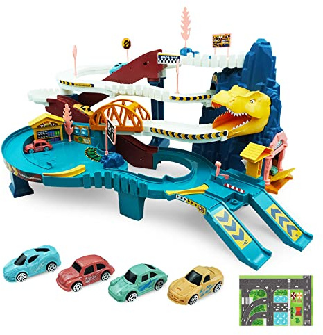 RedCrab Dinosaurier Spielzeug Autorennbahn für Kinder Dino Autobahn mit 4 Auto Spielzeug und Schienen Dino Rennbahn von 3-14 Jahre Junge Mädchen Geburtstag Urlaub Geschenk