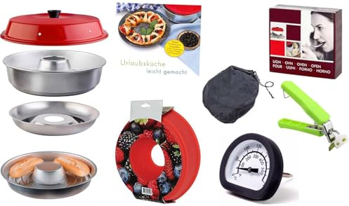 9-teiliges Spar-Set Camping Backofen |Backofen + Aufbackgitter + Silikonform + Tasche + Kochbuch + Thermometer + Sun and Ice Haltegriff passend zum Omnia