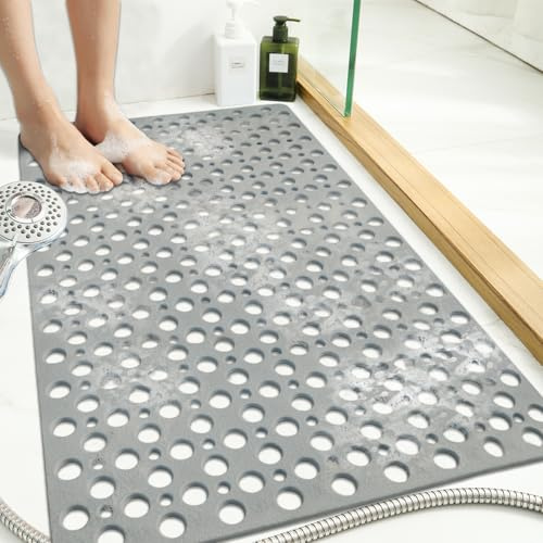Tiamo Extra große, rutschfeste Duschmatte für Innendusche, 119,9 x 81,3 cm, übergroße Duschkabine, Badematte für Dusche mit großen Saugnäpfen, Abflusslöchern, doppelseitig, rutschfest