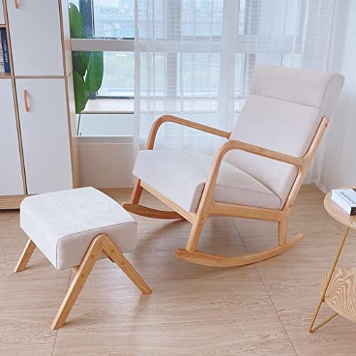Massivholz-Schaukelstuhl, passender Fußhocker, fauler Rückenlehnenstuhl, Liegestuhl, bequemer Kinderzimmer-Schaukelsessel, moderner Mid-Century-Schaukelstuhl aus Stoff (Color : White, S