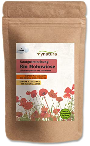 mynatura Mohnwiese Bio Saatgutmischung Saatgut | säen | Pflanzen | Blumen | Balkon | Garten | Terrasse | Blumenbeet | blühen | Artenschutz | Mohn | Klatschmohn (3x3g)
