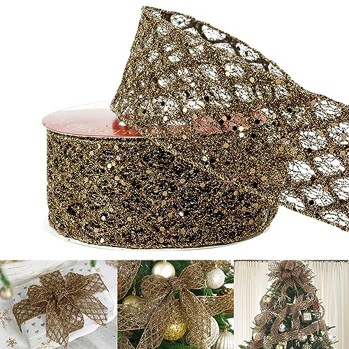 HUIHUANG Brown Glitter Diamond Mesh Wired Ribbon 2.5 inch x 10 Yards