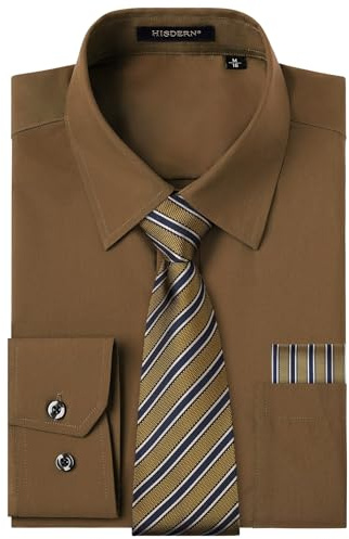HISDERN Men's Brown Shirts Long Sleeve Smart Formal Plain Dress Shirt and Tie Set Business Casual Wedding Regular Fit M