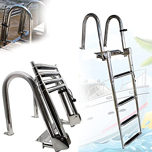 FENGSSLL Badeleiter Boot Poolleiter 4-stufige Teleskopleiter für Schwimmbad/Deck/Boot, Faltbarer Marine-Schwimm Pontonleitern mit Heckeinstieg mit Handlauf, Edelstahl