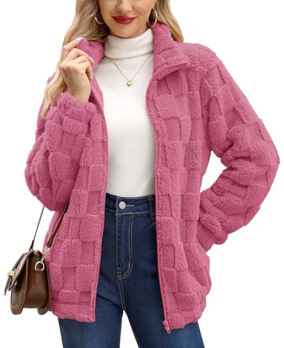 BesserBay Chic fleecejacka dam teddyfleece chic sweatjacka dam teddyfleece chic vinter varm teddy jacka dam elegant schackbräde mönster ros L, Rosa tornado