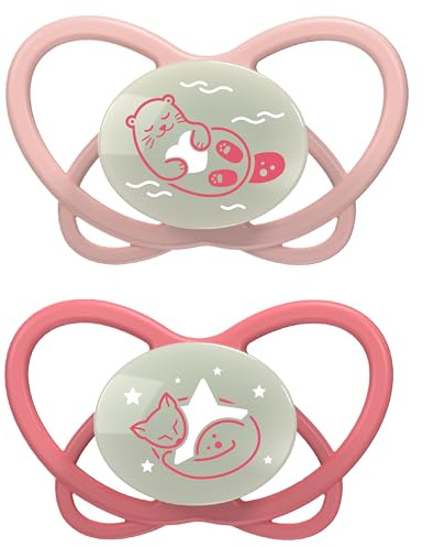 nip - Butterfly Night | 5-18 Monate | 2er Pack | Stillfreundlicher, zahnfreundlicher Babyschnuller mit Leuchtknopf inkl. Schnullerbox. Nachhaltiger Schnuller mit weichem Silikonsauger, Rosa/Rot