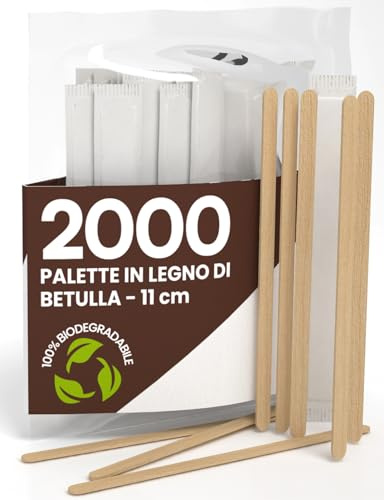 2000 Palette Lunghe da Caffè e Cappuccino Monouso in Legno di Betulla da 11cm - Imbustate Singolarmente, Biodegradabili e Compostabili, Resistenti al Calore per Mescolare Caffè e Bevande