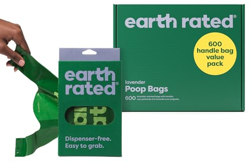 Earth Rated Sacs à crottes pour chiens avec poignées, s’ouvrent extra larges, faciles à nouer et étanches, parfum lavande, 600 sacs avec poignées