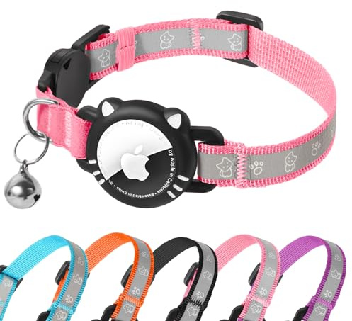AgoumLux Airtag Katzenhalsband AirTag Halsband Katze Reflektierend mit Sicherheitsverschluss Glocke Katzenhalsbänder mit Airtag Hülle Verstellbar für Katzen, Pink, XS(17.5-23 cm)