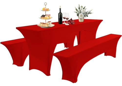 AIMENJOY Elastisch Biertischhussen Bierbank-Auflage & Tischdecke Für 50 cm or 70 cm Table Width 3 TLG-Set Breite Bierzeltgarnitur Stretch Hussen Für Festzeltgarnituren Bierbank Hussen (Rot -1,70 cm)
