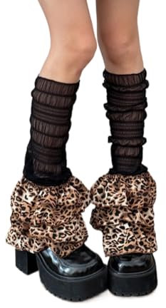 QUANNICE Damen Y2K Leopard Beinstulpen Mesh Socken Mehrschichtige Rüschen Beinabdeckung Streetwear Strumpf, blackbrown, Einheitsgröße