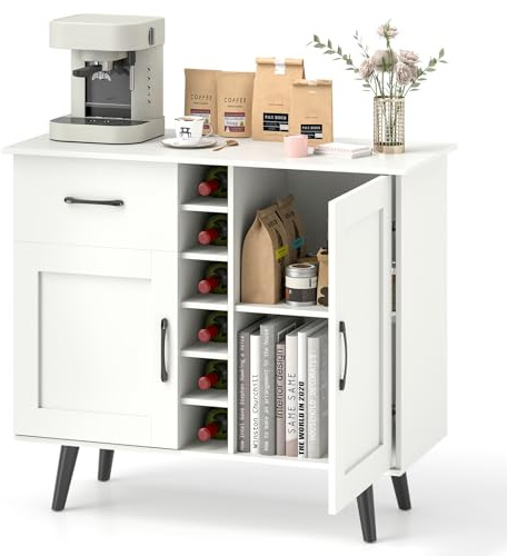 COSTWAY Credenza Buffett da Cucina con 6 Cubi Porta Bottiglie di Vino, Mobile da Cucina con Cassetto, 2 Ante e 2 Ripiani Regolabili, Armadio in Legno Salvaspazio per Soggiorno, 90 x 40 x 79 cm, Bianco