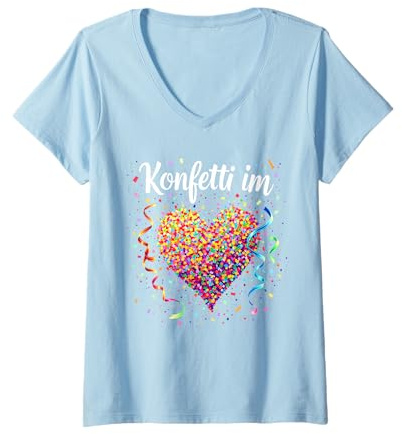 Damen Konfetti im Herzen Karneval Fasching T-Shirt mit V-Ausschnitt