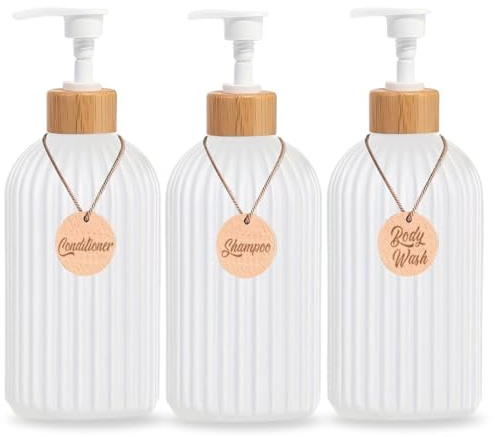 Dispensador Jabon Baño | Set de 3 Botes para Gel Champu y Acondicionador 500ML con 3 Colgantes de bambú | Este Dosificador Jabon Baño Color Blanco es Elegante y Realzará el Estilo de tu hogar