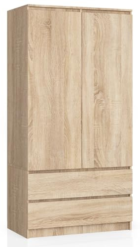 BDW Kleiderschränk 2 Türen, 4 Einlegeböden, Kleiderständer, 2 Schubladen, Garderobenständer, Schubladenschrank, Garderobenschrank für Schlafzimmer, Wohnräume, 180x90x51cm, (Eiche Sonoma)