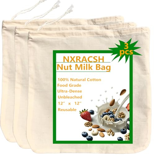 Nut Milk Bag,Cheese Cloths Bag for Straining,Unbleached Cotton Reusable Ultra-dense Cheesecloth Strainer Bag for Juicing Almond Oat Soy Milk Yogurt Butter Wine Cooking Jelly Turkey(3 pc,12x 12)