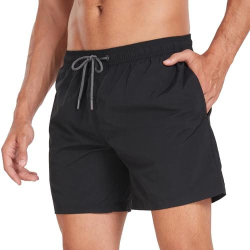 AUFIKR Badshorts herr snabbtorkande med nätfoder simma kort med fickor surfing sport surfbräda shorts, Svart, XL