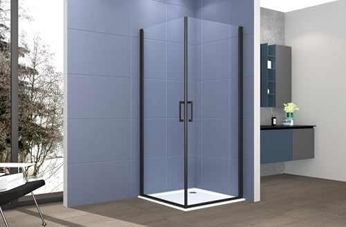 Box doccia angolare 80x80 cm apertura due ante battenti H200 cm cristalli trasparente 6mm profilo Nero Opaco IVO