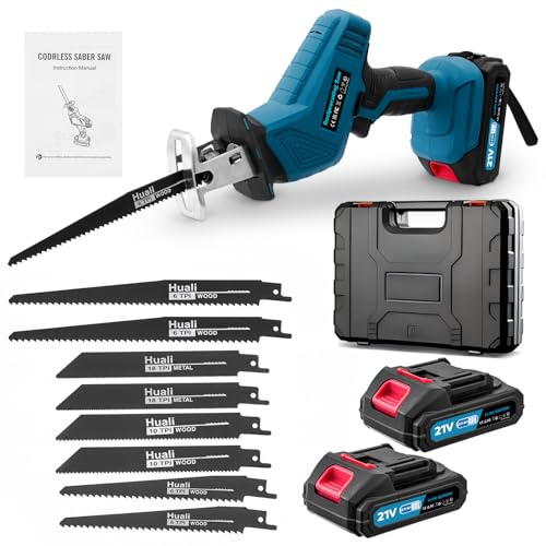 wowspeed Blue Reciprocating Saw with 8 Saw Blades, DC 21V Cordless Reciprocating Saw with 2x2.0Ah Battery, 0-4000 RPM Variable Speed Electric Saw for Wood, Plastic and Metal Cutting