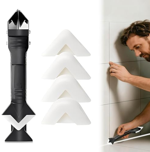 JUGUTA 1 Stück 5-in-1 Silikon-Dichtungswerkzeug-Set,Entferner, Fugenschaber,Glätter, Bad und Bodenversiegelung Anwendung,mit 5 austauschbaren Pads für Küche