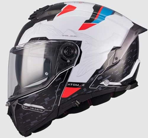 Casco Modular MT Helmets Atom 2 SV Highlands A7 Brillo – Doble Visera Solar, Certificación ECE/Dot, Diseño Deportivo Blanco/Rojo/Azul/Negro (L 59/60)