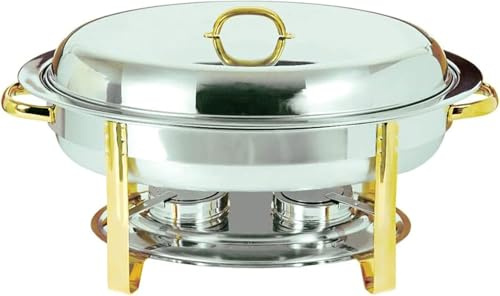Chafing Dish Ovale, Set Scaldavivande da 6 Litri con Contenitore per Cibo, Contenitore per Acqua, Telaio, Coperchio E Porta-combustibile, Vassoio per Catering in Acciaio Inox di Dimensi, Gold