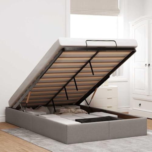 QJBSAVVA Taupe Bettgestell 120x200 cm mit Stauraum, Ottoman-Bett ohne Matratze, Leichter Lift-Mechanismus, strapazierfähiges Stoffbezug, 203 x 120 x 23,5 cm für Jugendzimmer und Gästezimmer