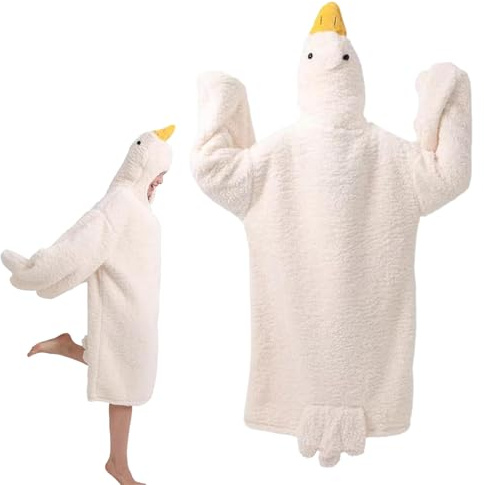 Big White Goose Wearable Blanket - Quirky Couples Hoodie Onesie, Thick Coral Fleece, Oversized Warm Duck, Wearable Hoodie Blanket With Sleeves,Winter Warm Pajamas Sleepwear