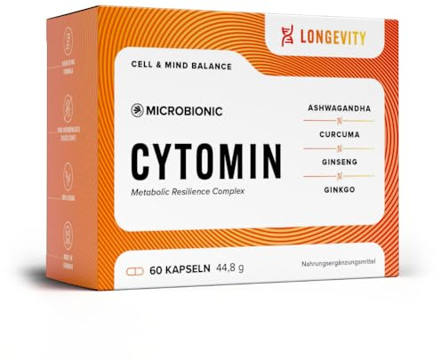 CYTOMIN Longevity Nahrungsergänzung by MICROBIONIC | 60 Multi-Komplex-Kapseln mit Ashwagandha, Curcuma, Ginseng & Ginkgo| für zelluläre Widerstandskraft und geistige Leistungsfähigkeit