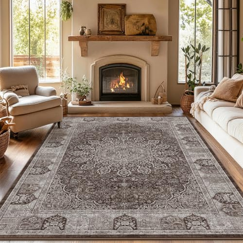 BYBSRLL Vintage matta för vardagsrum 120 x 180 cm - kort, mjukt tyg, maskintvättbar och halkfri, orientalisk matta för matsal, sovrum och barnrum, vintage brun