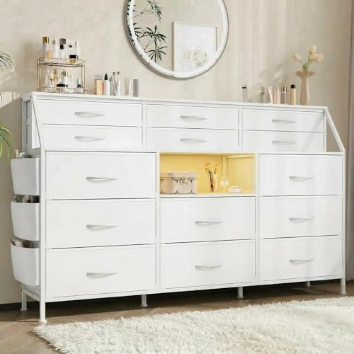 Koioplie Schubladenkommode mit 14 Stoffschubladen, Aufbewahrungsregal aus MDF und Metall, für Flur und Schlafzimmer, 100 x 36 x 28,5 cm, Weiß